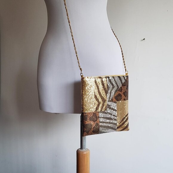 VINTAGE 70s Disco Gold Metal Mesh Bag Chain Crossbody Animal Print Retro Groovy - Picture 4 of 13